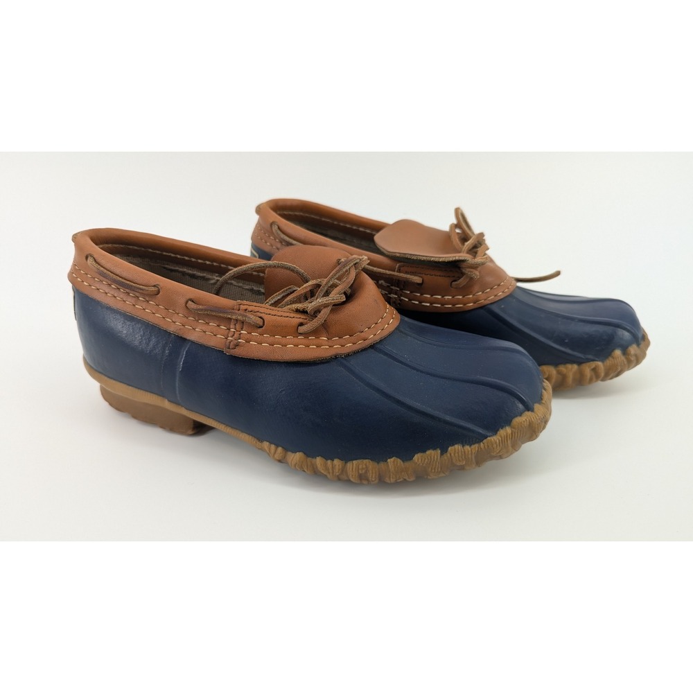 LL Bean Maine Hunting Shoe Rubber Mocs Navy Blue Tan Duck Boots Womens Size 6